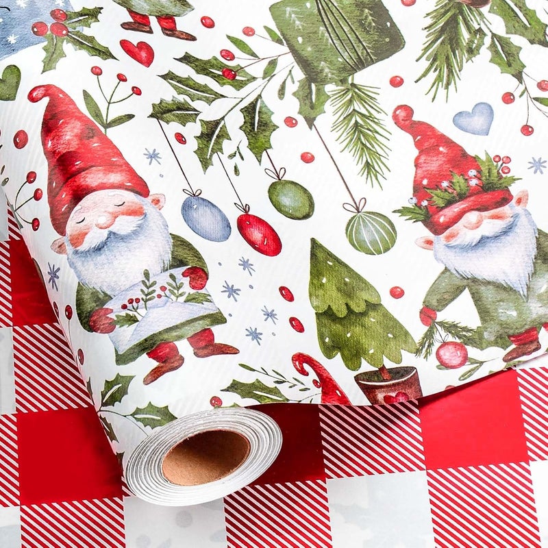 MAYPLUSS Christmas Wrapping Paper Roll - 17IN X 33FT - Gift Wrapping Paper Featuring Santa Claus Christmas Ballon Reversible Plaid for Kids, Holiday, New Year - Image 1